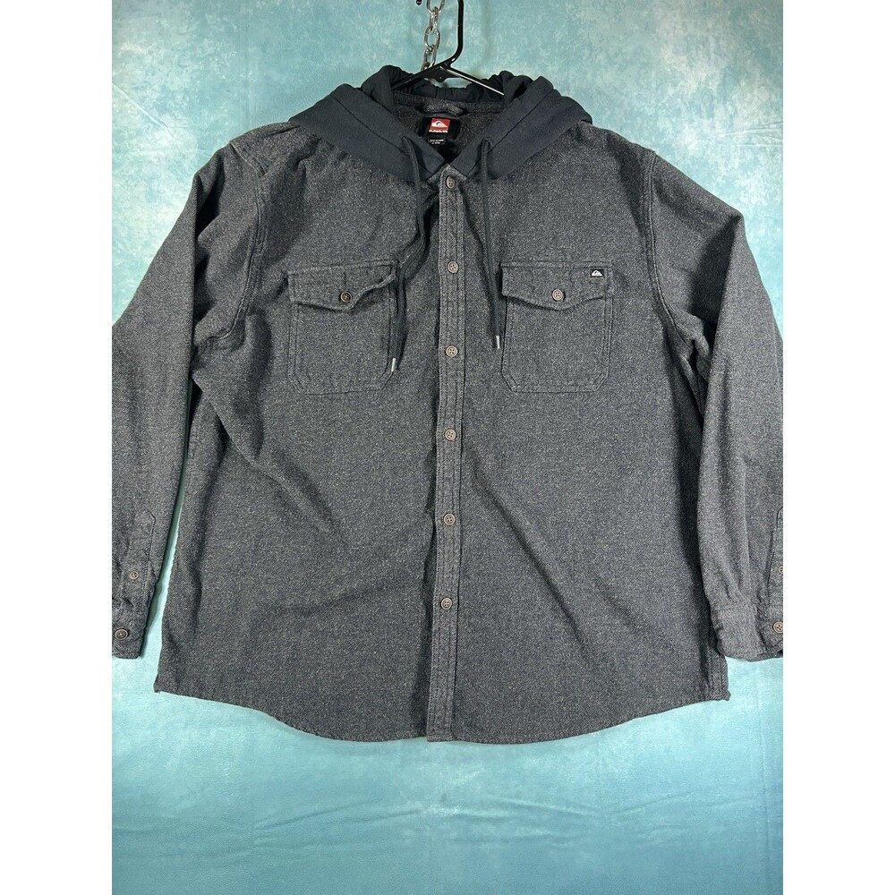 Y2K VTG Quiksilver Shirt Mens XXL Gray Hooded Herringbone Flannel Button Up
